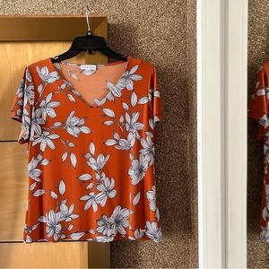 Calvin Klein women's burnt orange floral bouse with v-neck